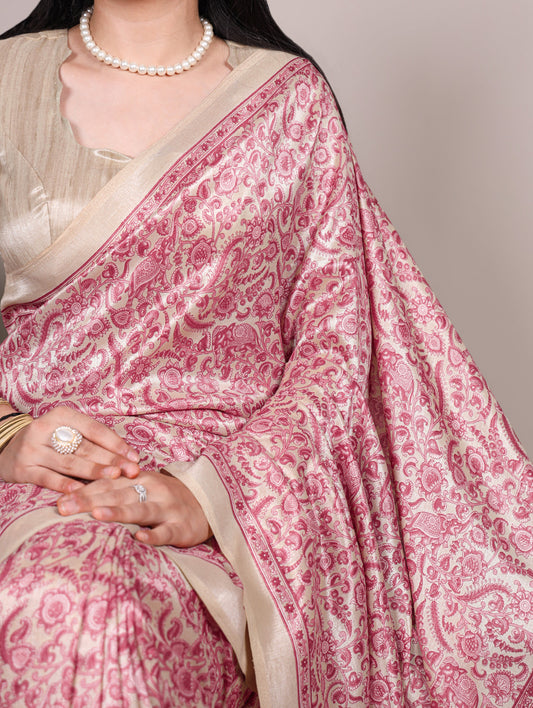 Salmon Color Printed Tasar Silk Saree