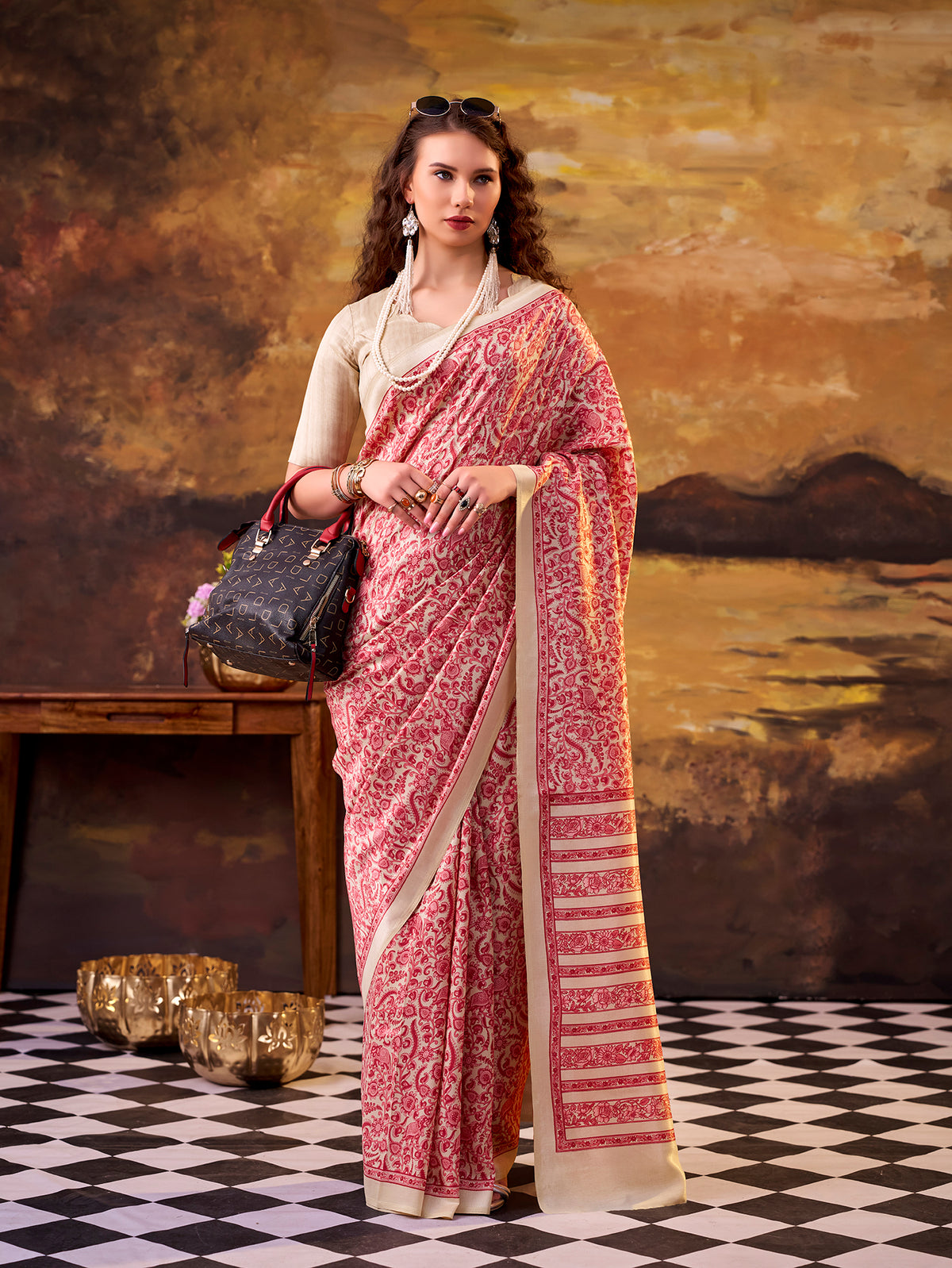 Salmon Color Printed Tasar Silk Saree