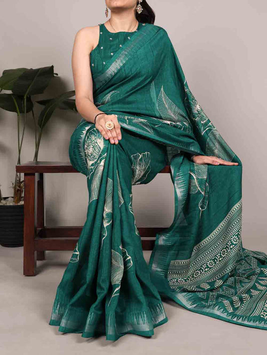 Pine Green Color Printed Slub Silk Saree