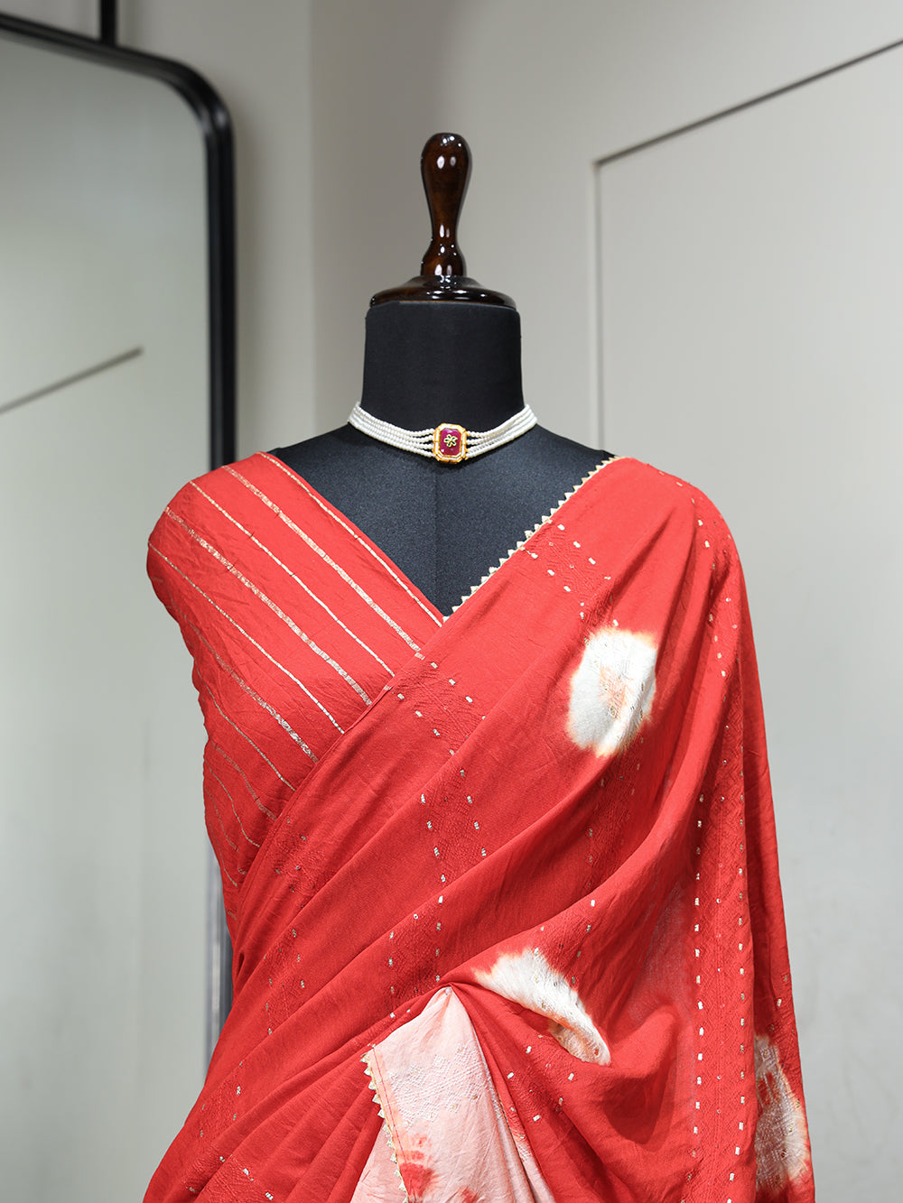 Red Color Sequins With Zari Line And Gota Patti Lace Border Viscose Chanderi Saree
