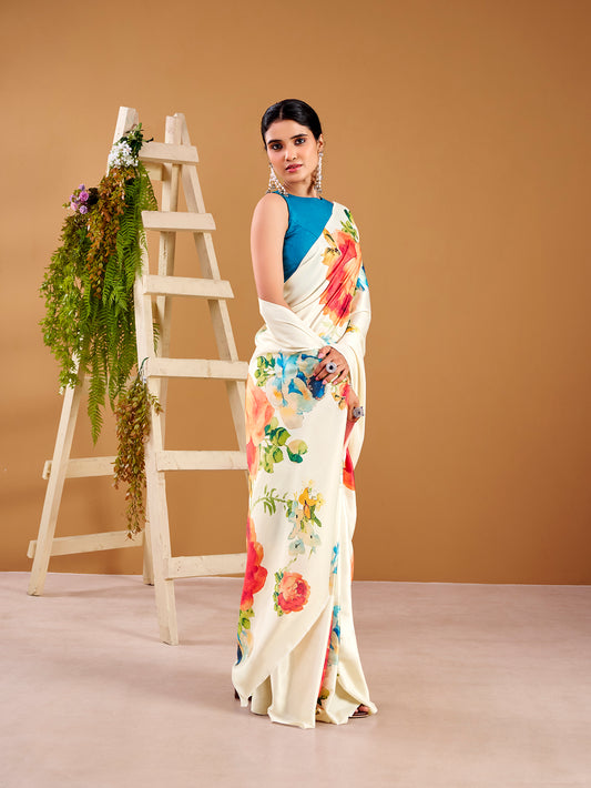 White Color Floral Printed Satin Silk Saree