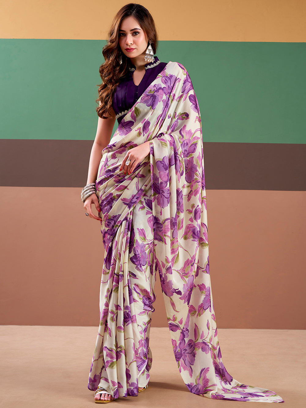 Purple Color Floral Printed Satin Silk Fancy Saree