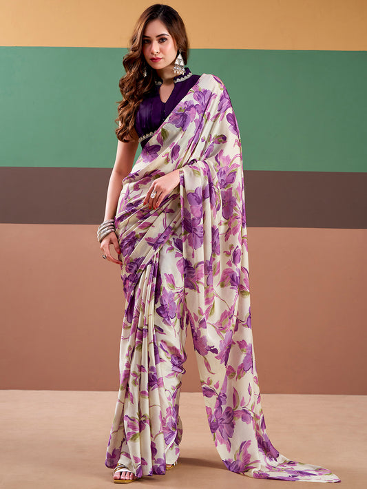 Purple Color Floral Printed Satin Silk Fancy Saree