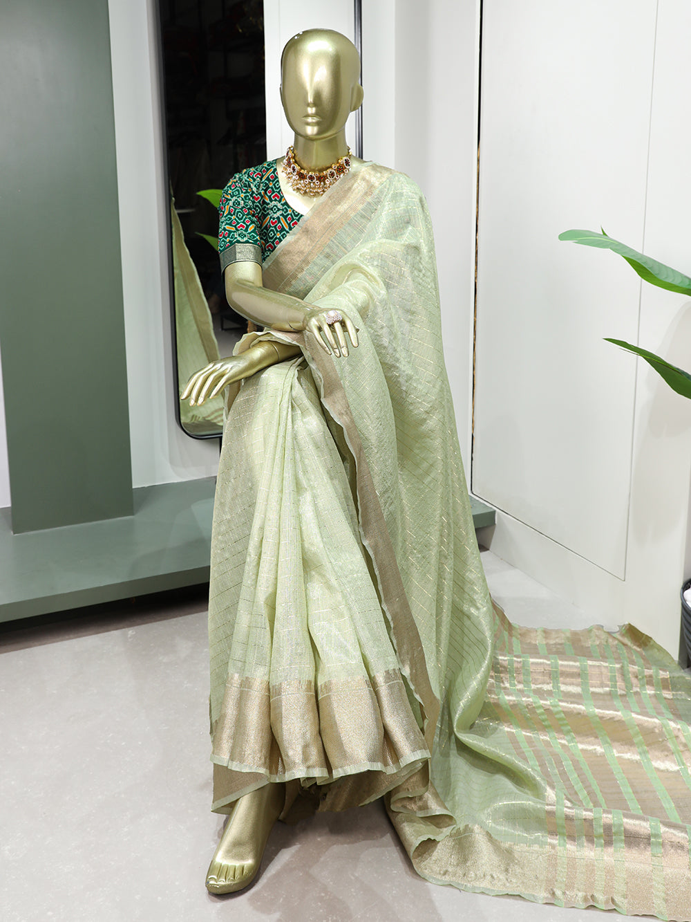 See Green Color Weaving Work Khadi Organza Saree