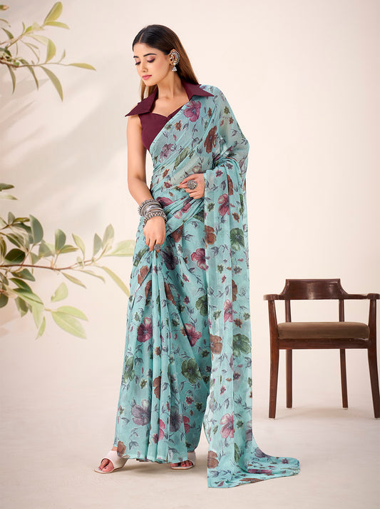 See Green Color Floral Viscose Lurex Brasso Saree