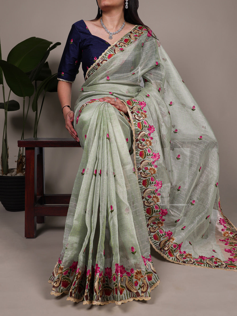 See Green Color Thread Embroidery Work Zari Kota Tissue Saree