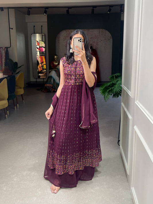 Wine Color Sequins And Thread Embroidery Work Georgette Kurti Plaza Set