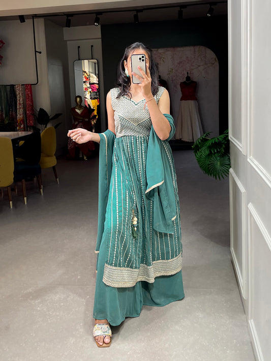Pine Color Sequins And Thread Embroidery Work Georgette Kurti Plaza Set