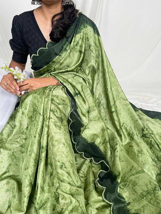 Green Color Shibori Print With Arca Work Silk Saree