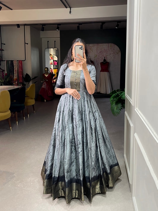 Grey Color Zari Weaving Work Shibori Printed Silk Dress