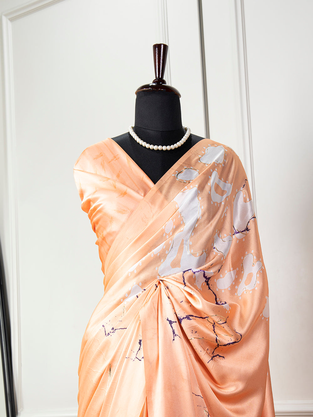 Peach Color Digital Print Embellished With Foil Work Satin Silk Saree