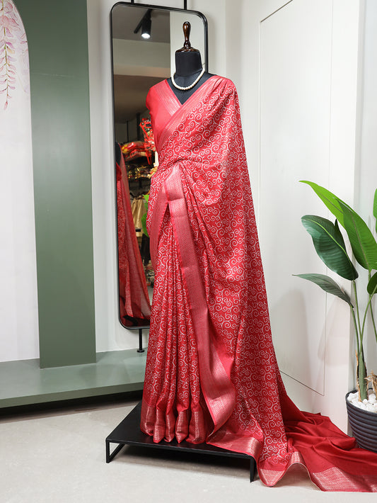 Crimson Color Printed With Zari Border Dola Silk Saree