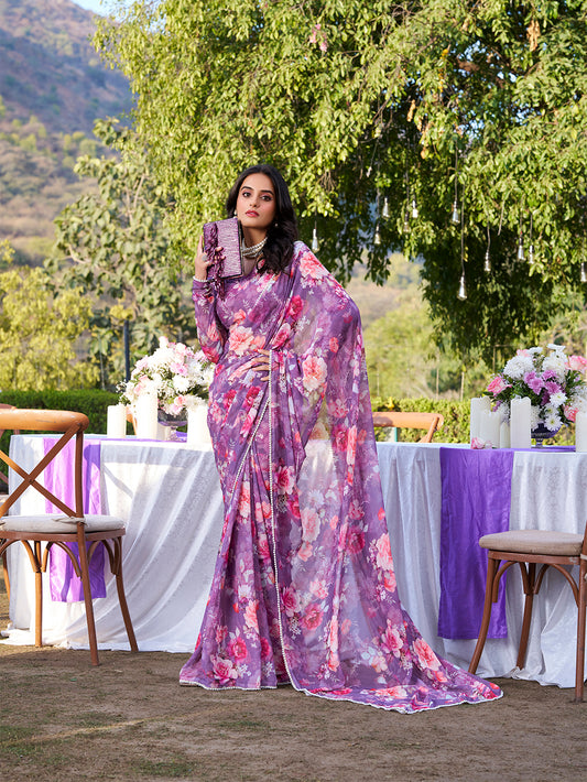 Onion Color Printed With Peral Lace Border Weightless Marbal