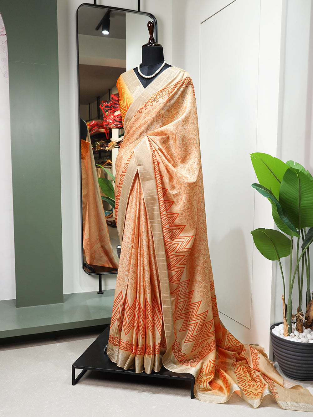 Orange Color Digital Printed Handloom Kotha Border Saree