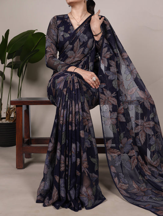 Navy Blue Color Floral Viscose Lurex Brasso Saree