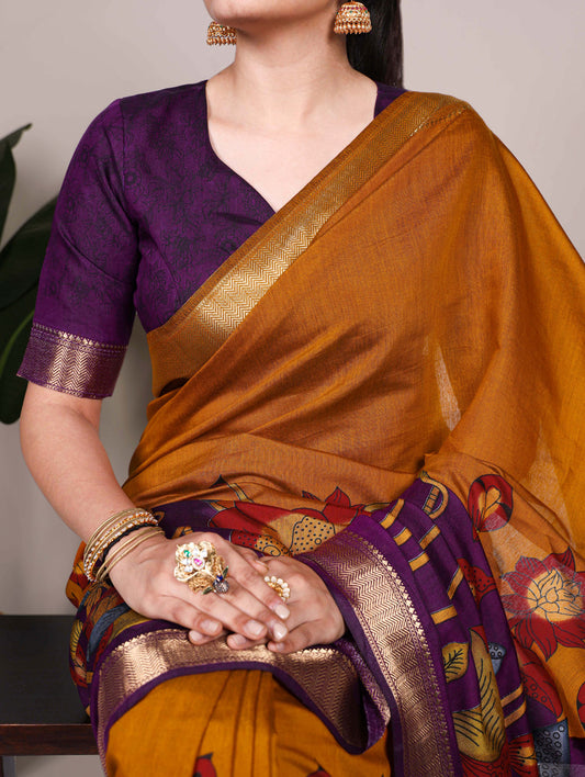 Mustard Color Tradition Floral Printed With Zari Weaving Work Viscose Chanderi Saree