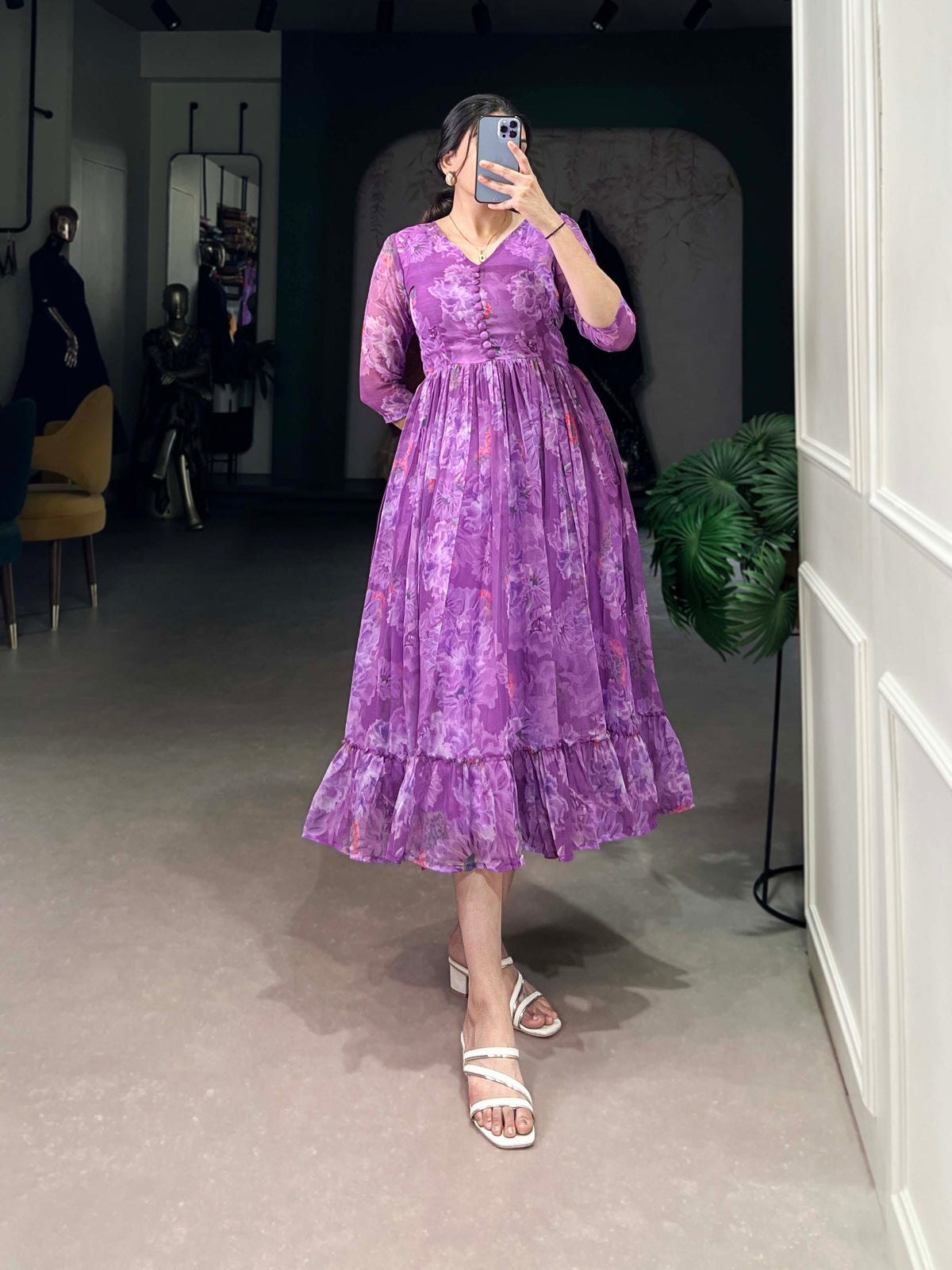Violet Color Floral Printed Georgette Frock