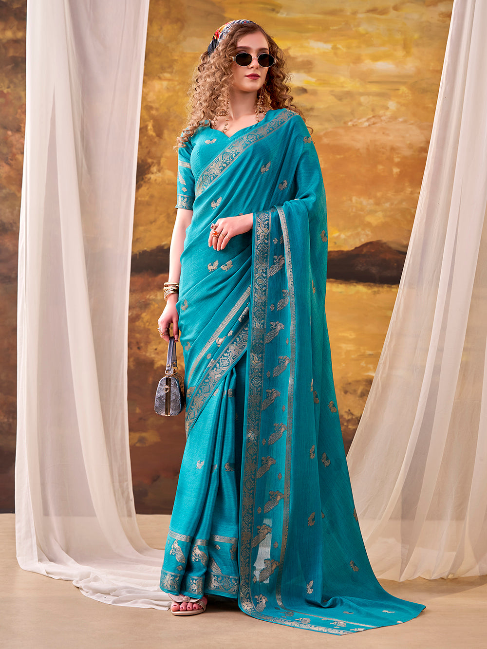 Sky Blue Color Weaving Work Crepe Saree