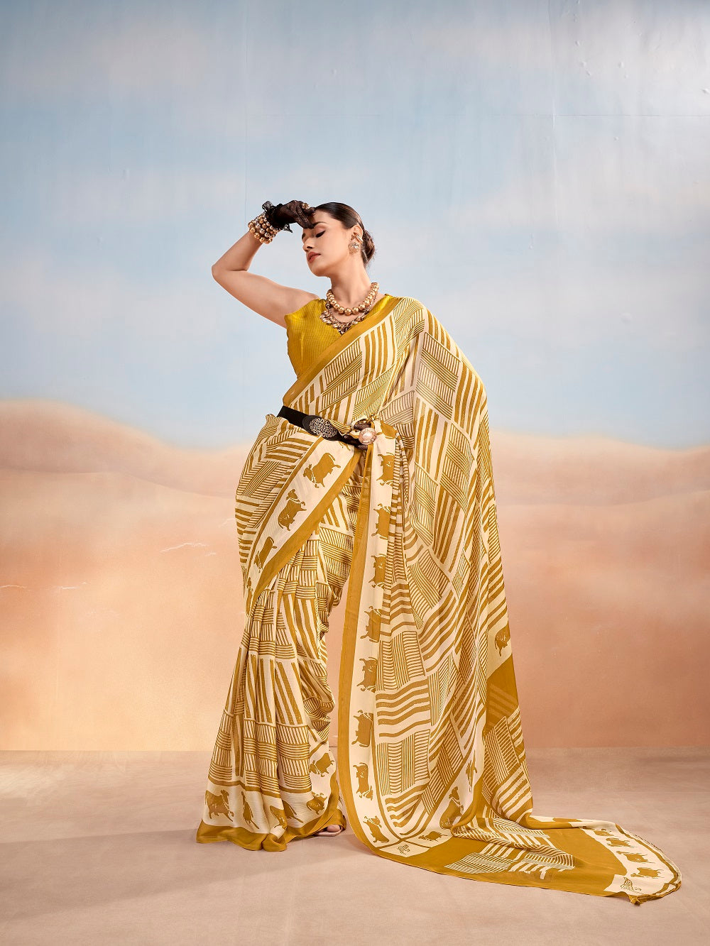 Mustard Color Satin Chiffon Saree