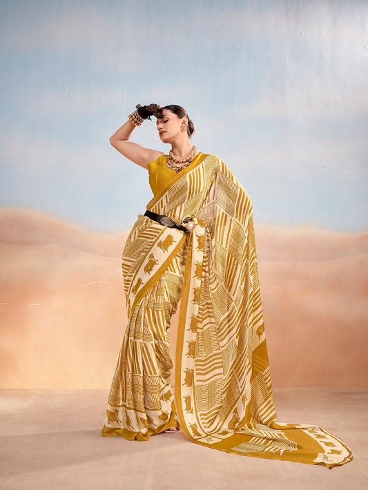 Mustard Color Satin Chiffon Saree