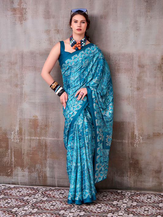 Sky Blue Color Satin silk Saree