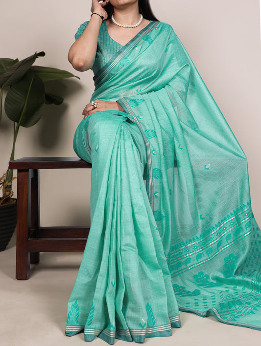 Sky Blue Color Festive Wear Cottn Silk Saree