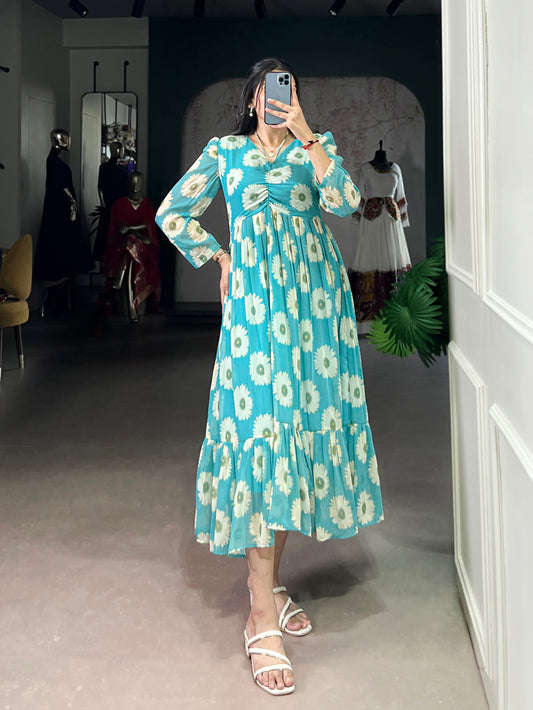Sky Blue Color Floral Print With Foil Work Marbel Fancy Frock