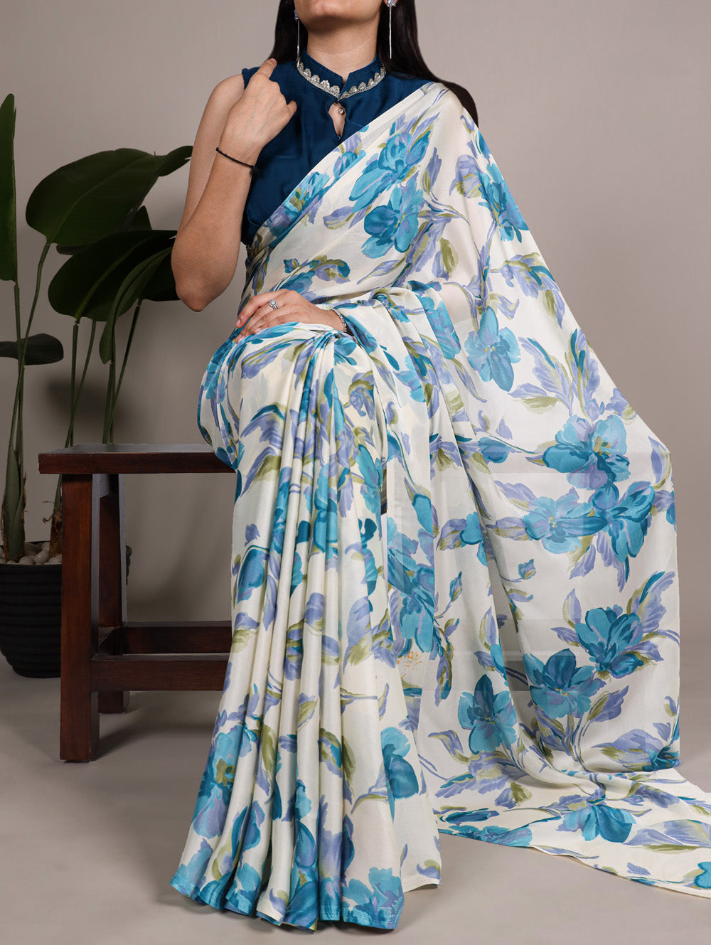 Sky Blue Color Floral Printed Satin Silk Fancy Saree