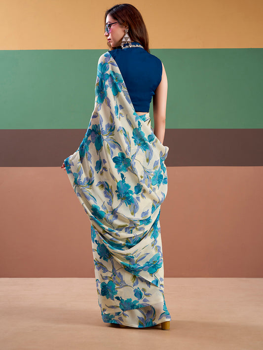 Sky Blue Color Floral Printed Satin Silk Fancy Saree