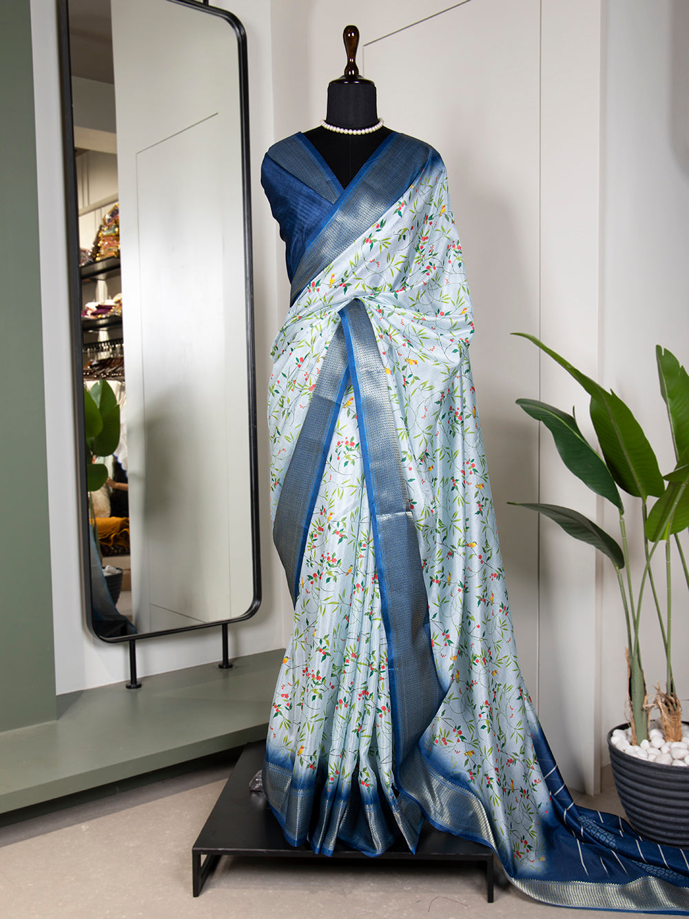 Sky Blue Color Printed With Zari Border Dola Silk Saree