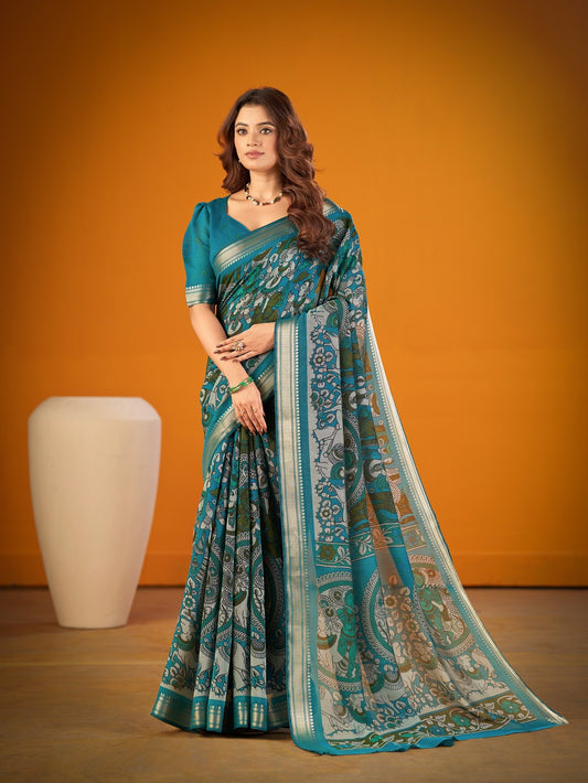 Sky Blue Color Kalamkari Print Saree