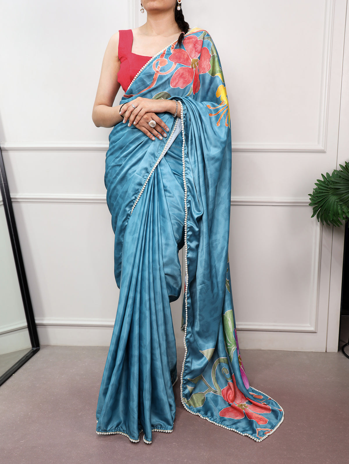 Stylish Satin Saree With Vibrant Floral Print