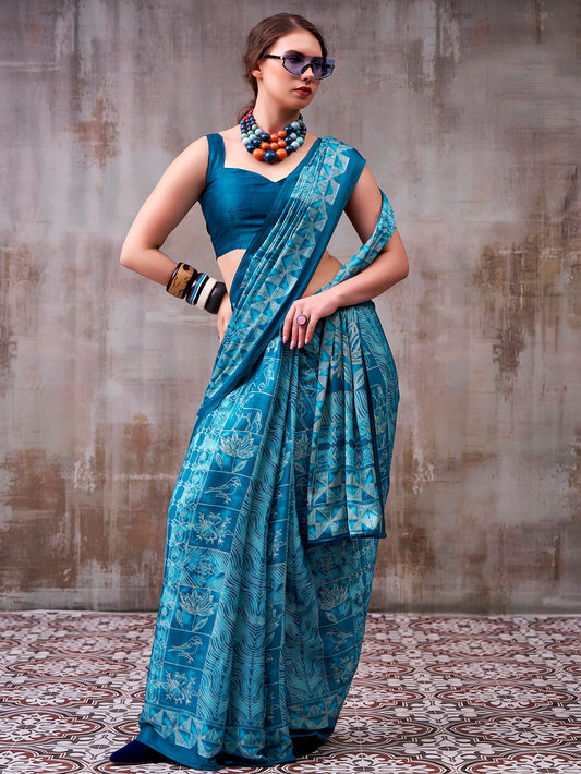 Sky Blue Color Satin silk Saree