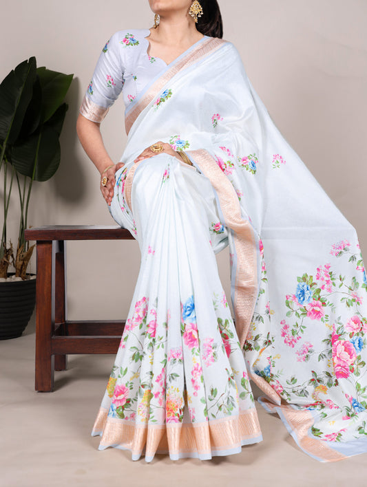 Sky Blue Color Printed Tussar Silk With Viscose Border Saree