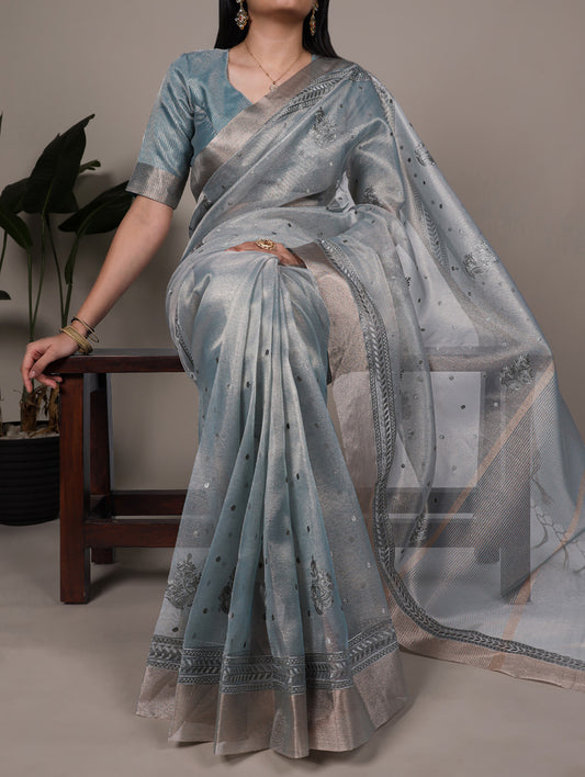Sky Blue Color Thred Embroidery Work Poly Shimmer Saree