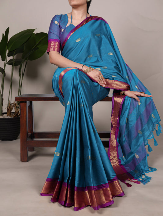 Sky  Color Weaving Work With Paithani Concept Cotton Silk Saree