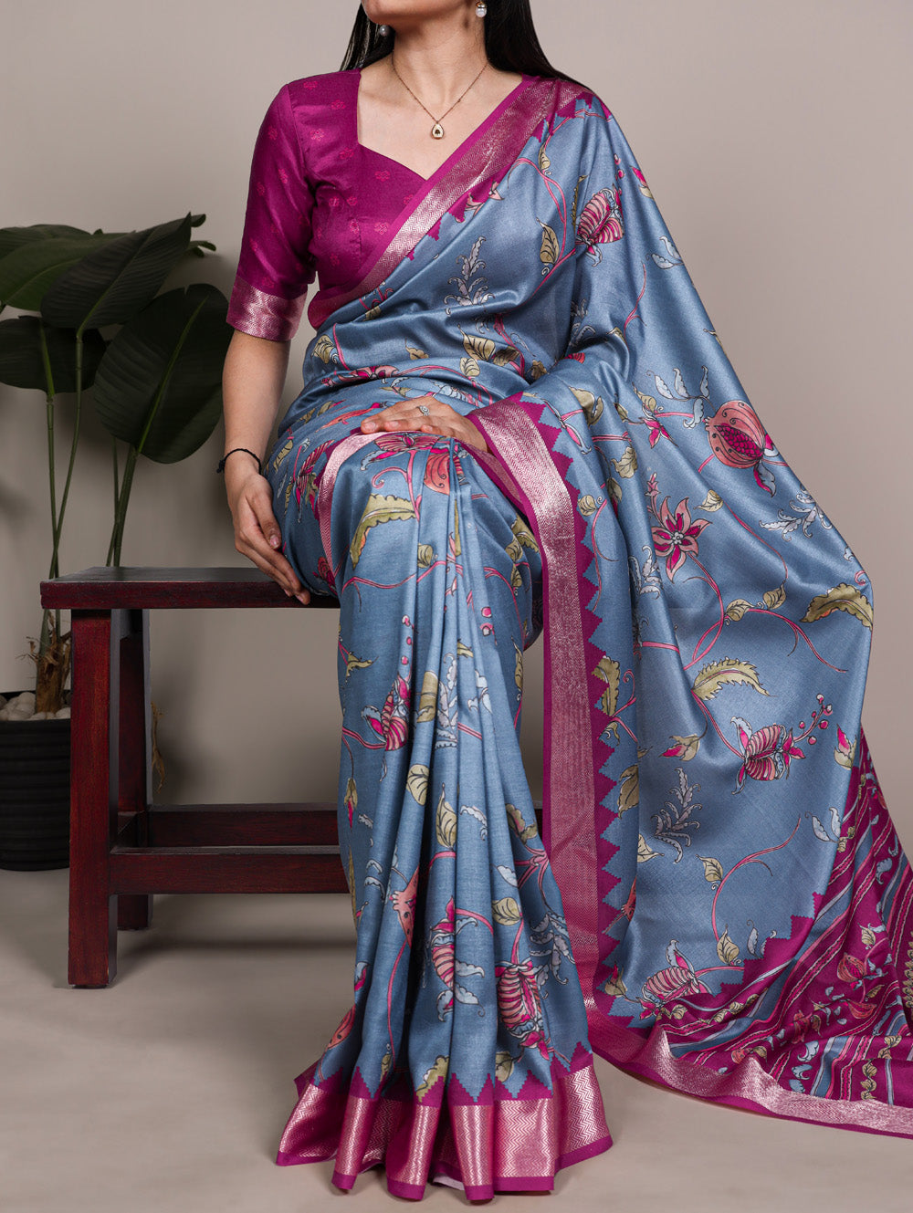 Slat Blue Color Wedding Wear Tasar Silk Saree