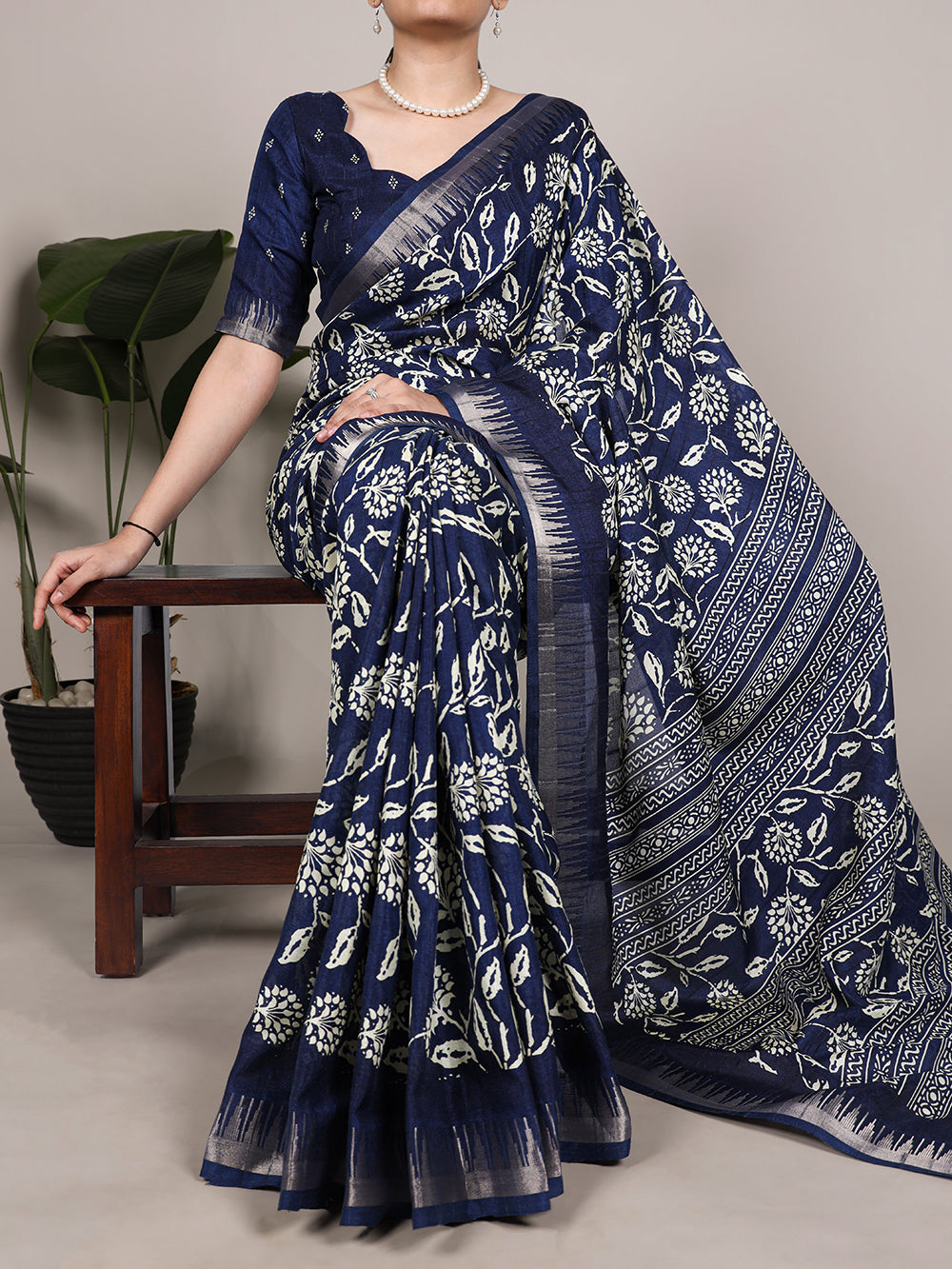 Navy Blue Color Zari Border With Slub Silk Saree