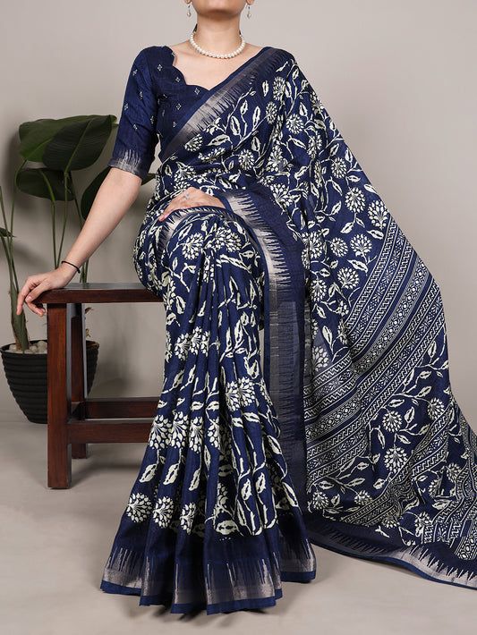 Navy Blue Color Zari Border With Slub Silk Saree