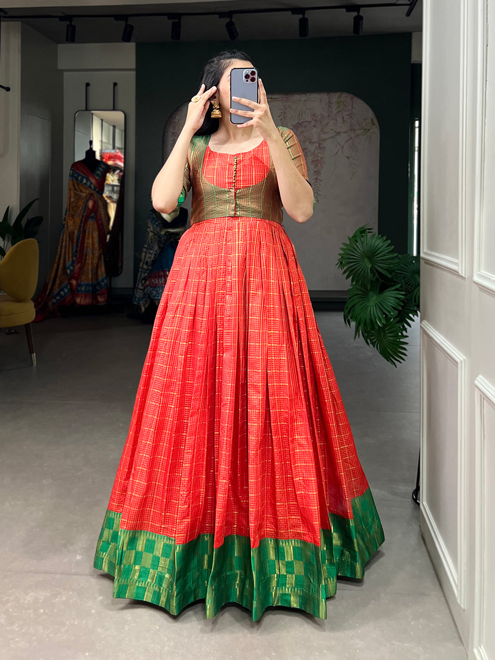 Red Color Zari Weaving Work Zari Chex South Indian Dress