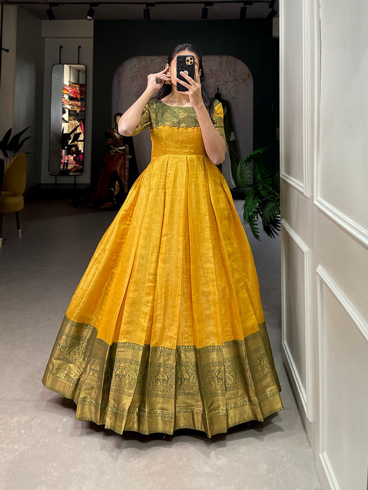 Yellow Color Zari Weaving Work Kanjivaram Dress