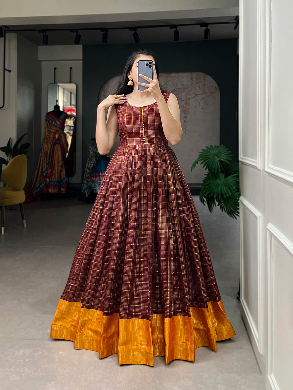 Brown Color Zari Weaving Work Zari Chex South Dress