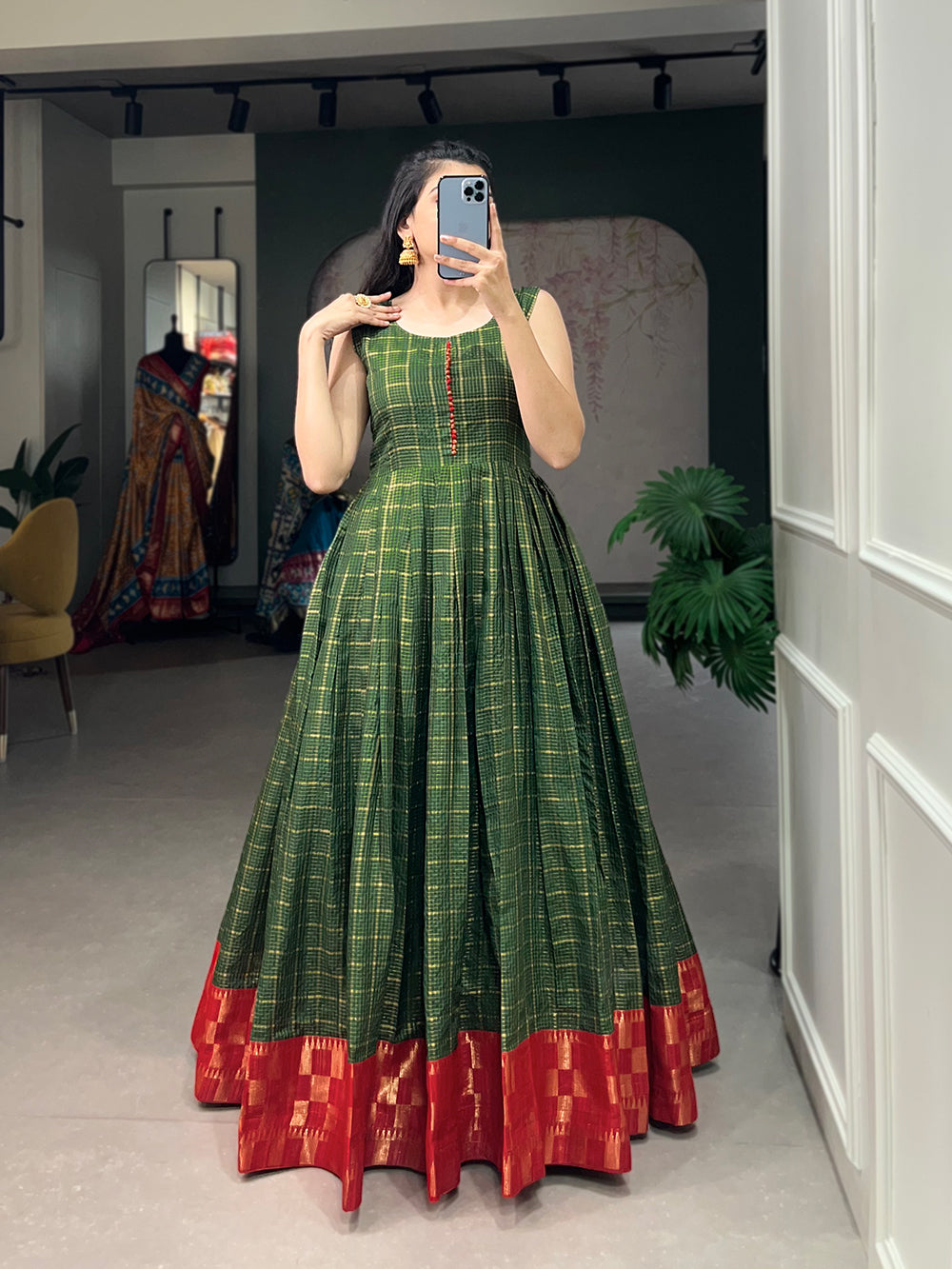 Green Color Zari Weaving Work Zari Chex Traditional Dress
