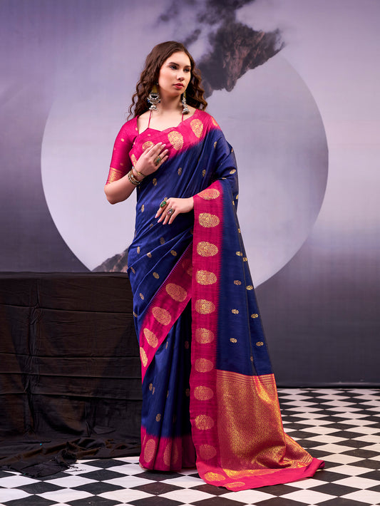 Navy Blue Color Poly Cotton Saree