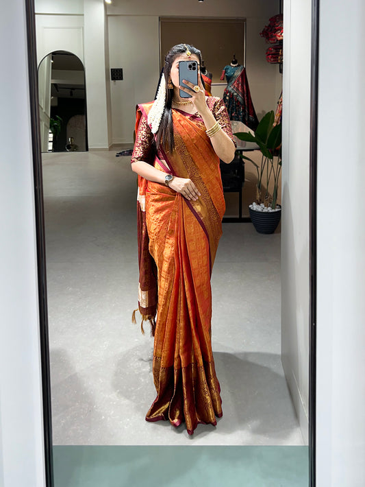 Orange Color Zari Weaving Work Kanjivaram Saree