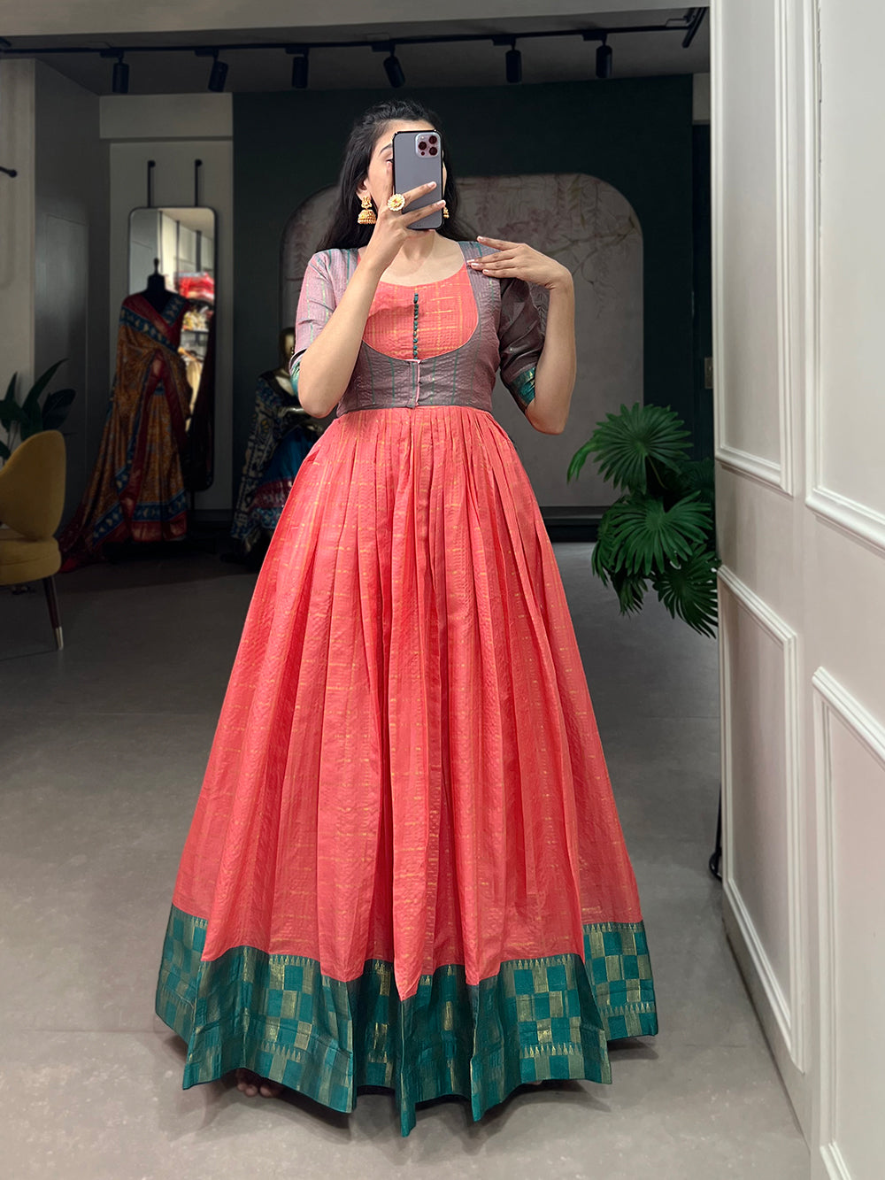 Pink Color Zari Weaving Work Zari Chex Festival Dress