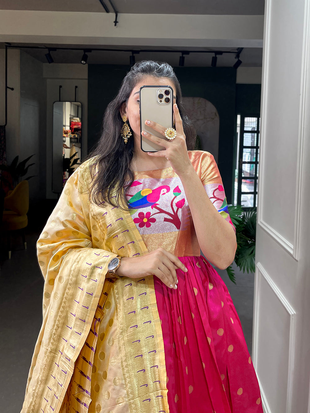 Pink Color Zari Weaving Work Jacquard Silk (Paithani) Dress