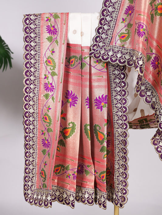 White Color Weaving Zari Work With Sequins And Embroidery Lace Jacquard Silk Dupatta
