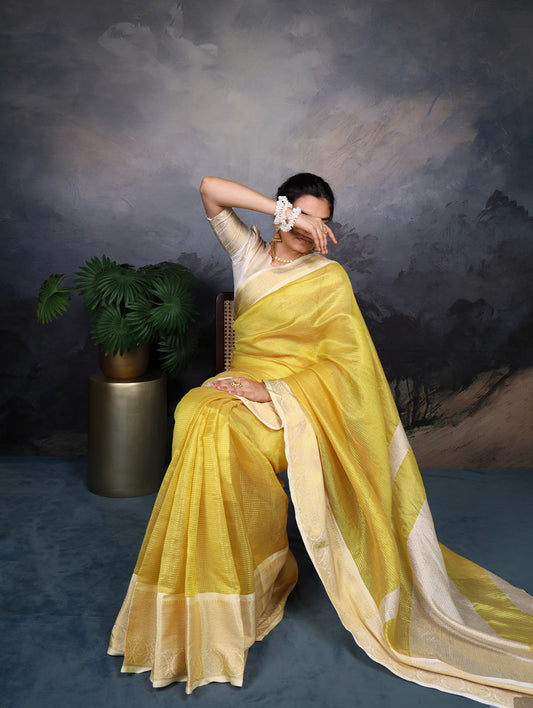 Yellow Color Zari Weaving Work Jacquard Chex South Indian Saree