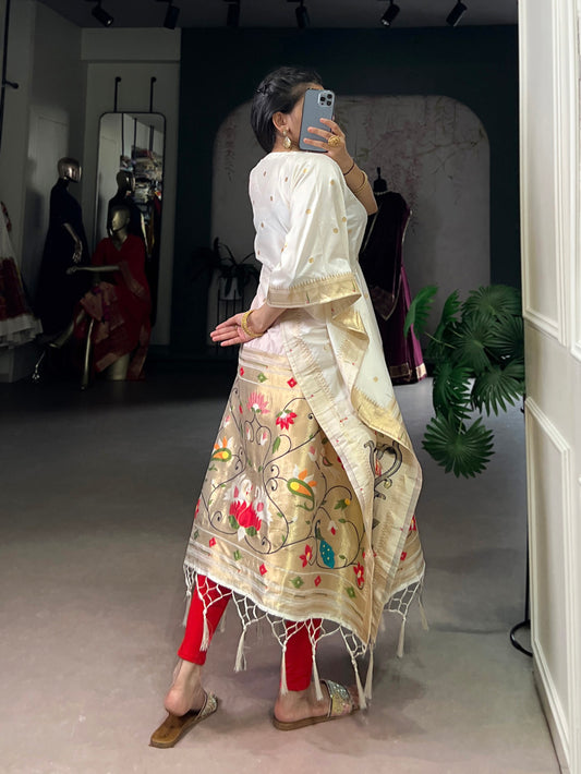 White Color Zari Weaving Work Jacquard Kaftan